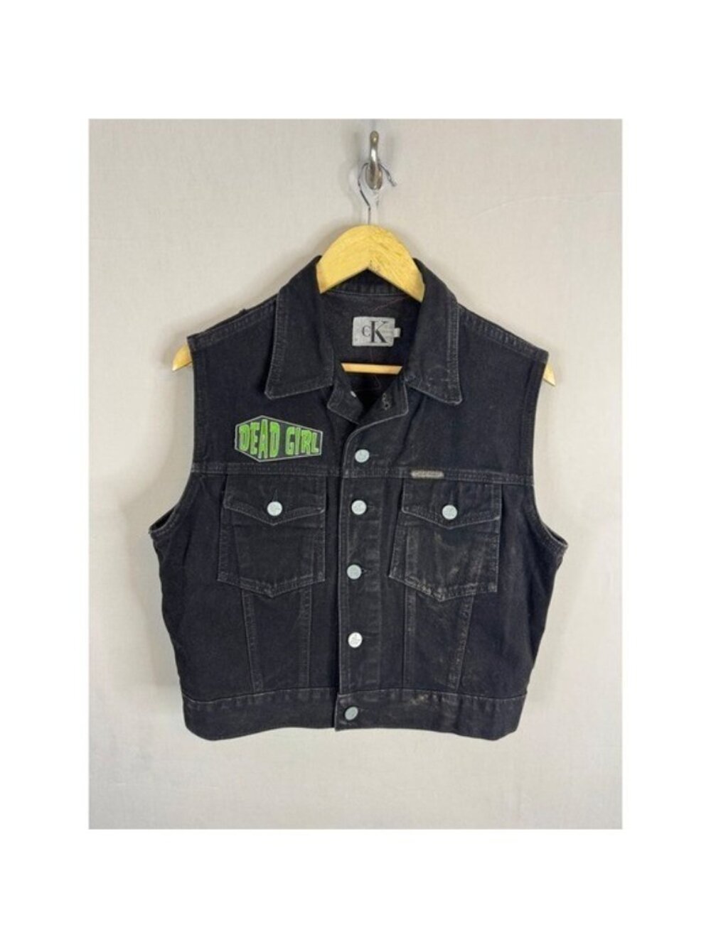 Koffin Kats Jeans Denim Vest Horror Punk Bride of Frankenstein Patches Women L - Picture 7 of 10